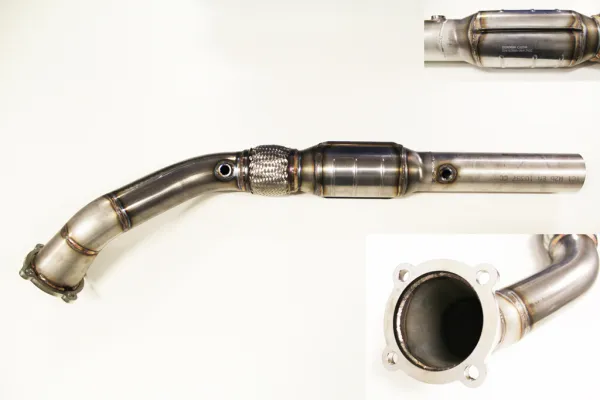 Downpipe 1.8T mit ECE Zulassung Euro 3 + 4 für Golf 4, Audi A3 TT ø 76mm 200 Zellen Sportkat Flexrohr Interlock - Edelstahl